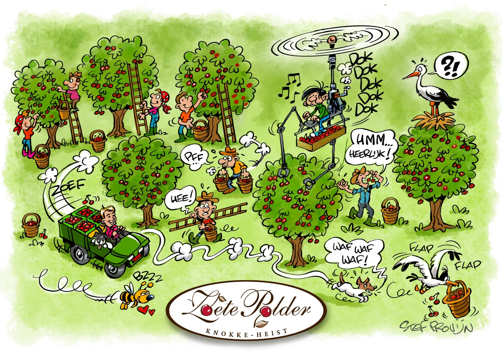 Getekende kaart van de boomgaard van Zoete Polder met plukkers, bomen en een tractor